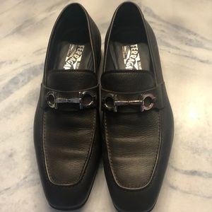 One pair of Ferragamo shoes lightly worn pebbled brown leather